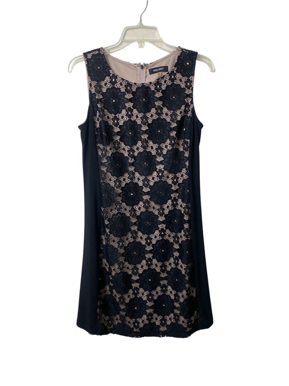 Nine West Black Floral Lace Shift Dress with Nude Underlay
